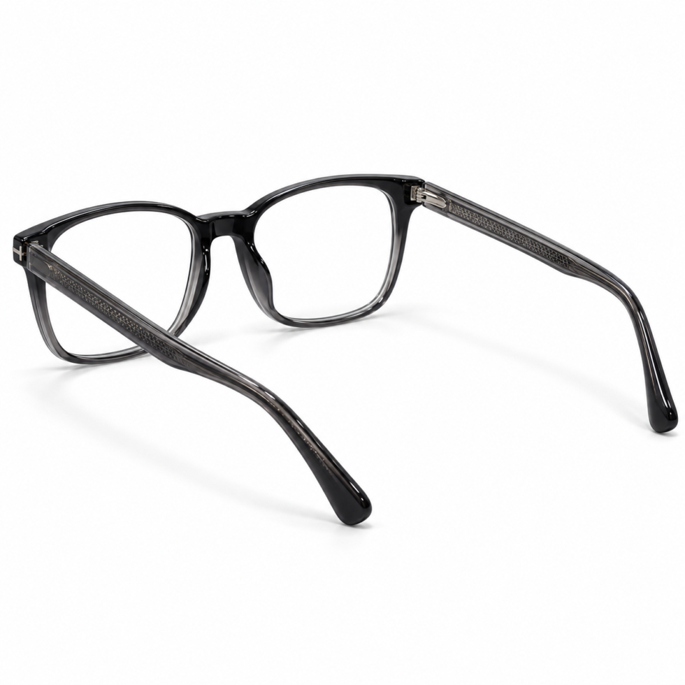 Rear angle of rectangular eyeglasses showing integrated nose rests and curved temples