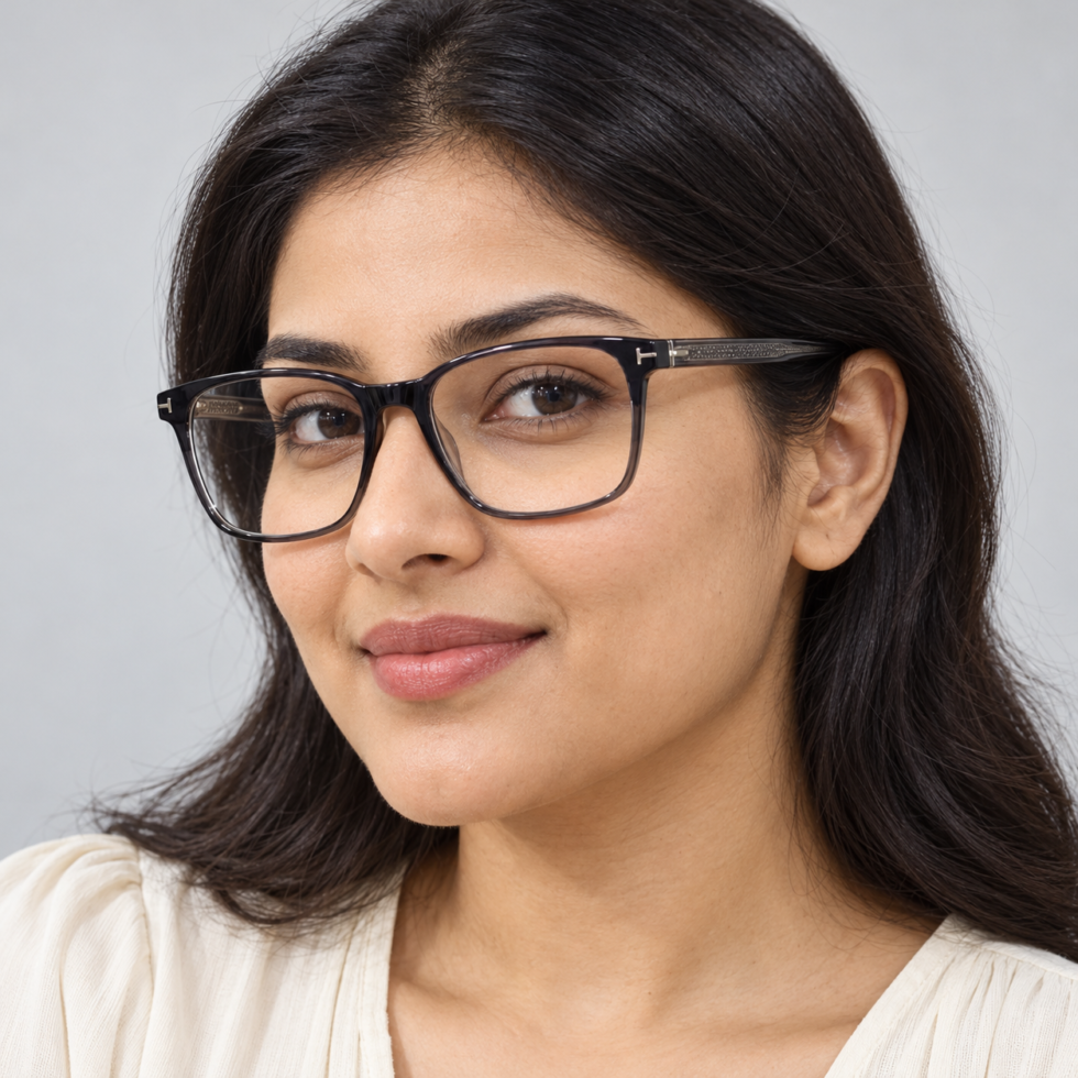 Woman wearing black and smoke grey rectangular eyeglasses