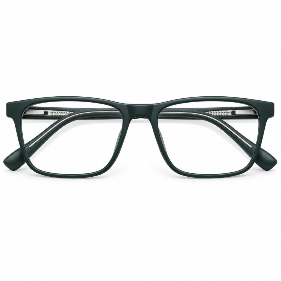 Front view of matte deep-green rectangular eyeglasses