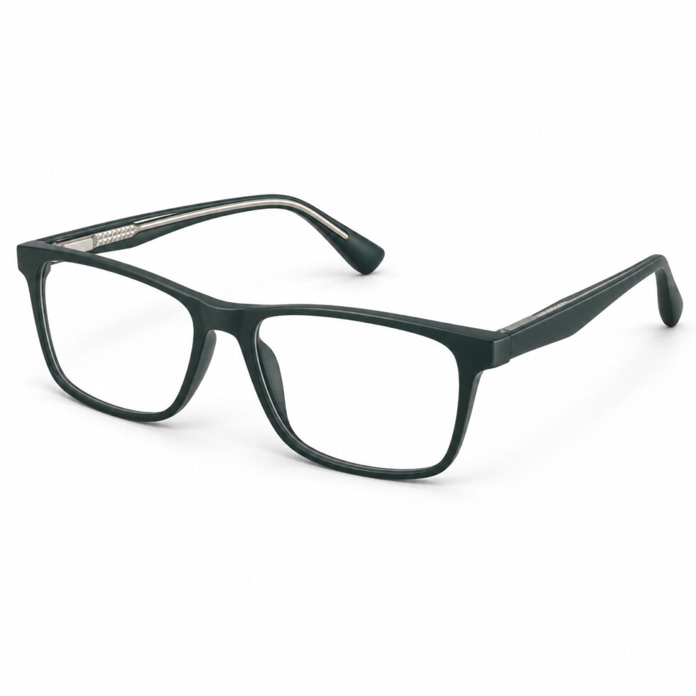Three-quarter view of matte deep-green rectangular eyeglasses