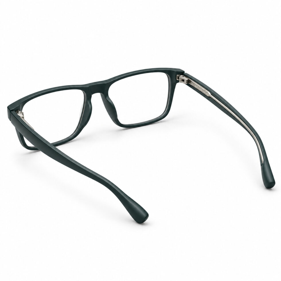 Rear view of matte deep-green eyeglasses with open temples