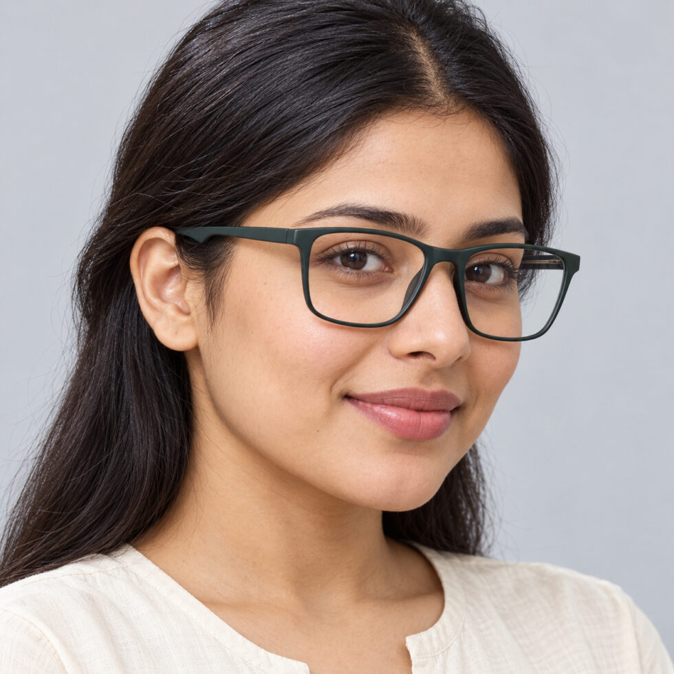 Woman wearing matte deep-green rectangular eyeglasses