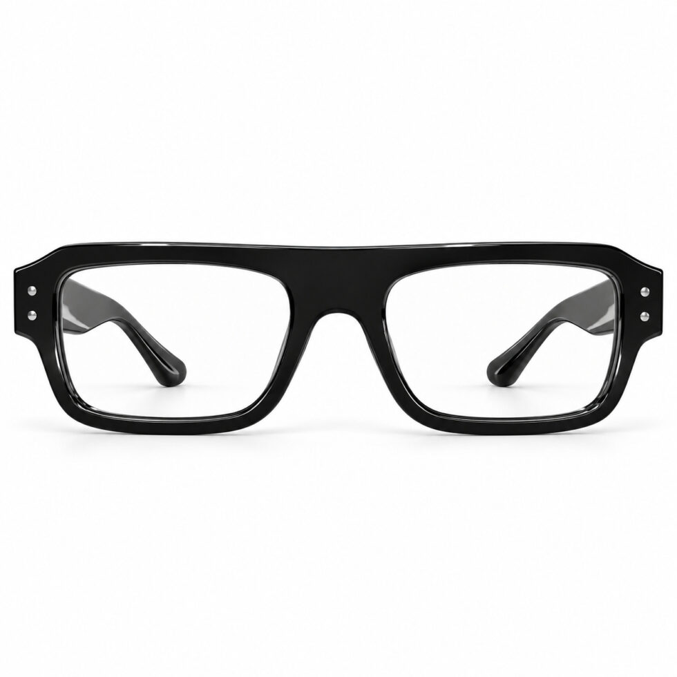 Front view of glossy black flat-top rectangular eyeglasses
