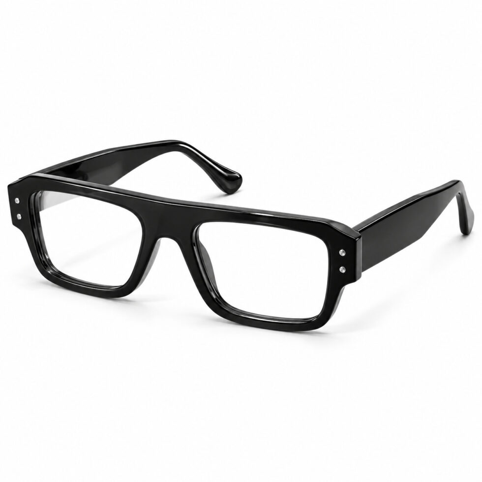 Three-quarter view of glossy black flat-top eyeglasses with silver double rivets