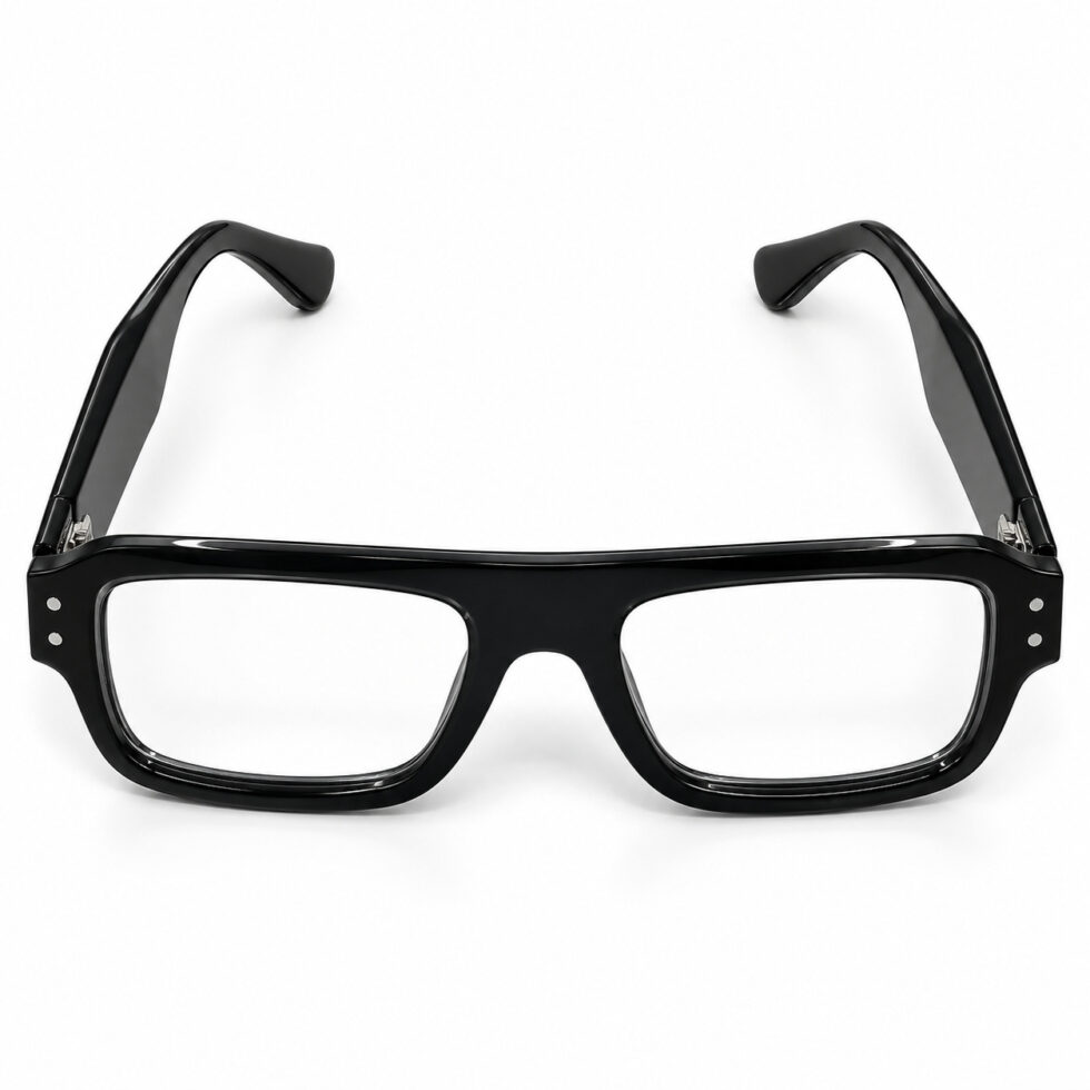 Elevated view of glossy black flat-top eyeglasses