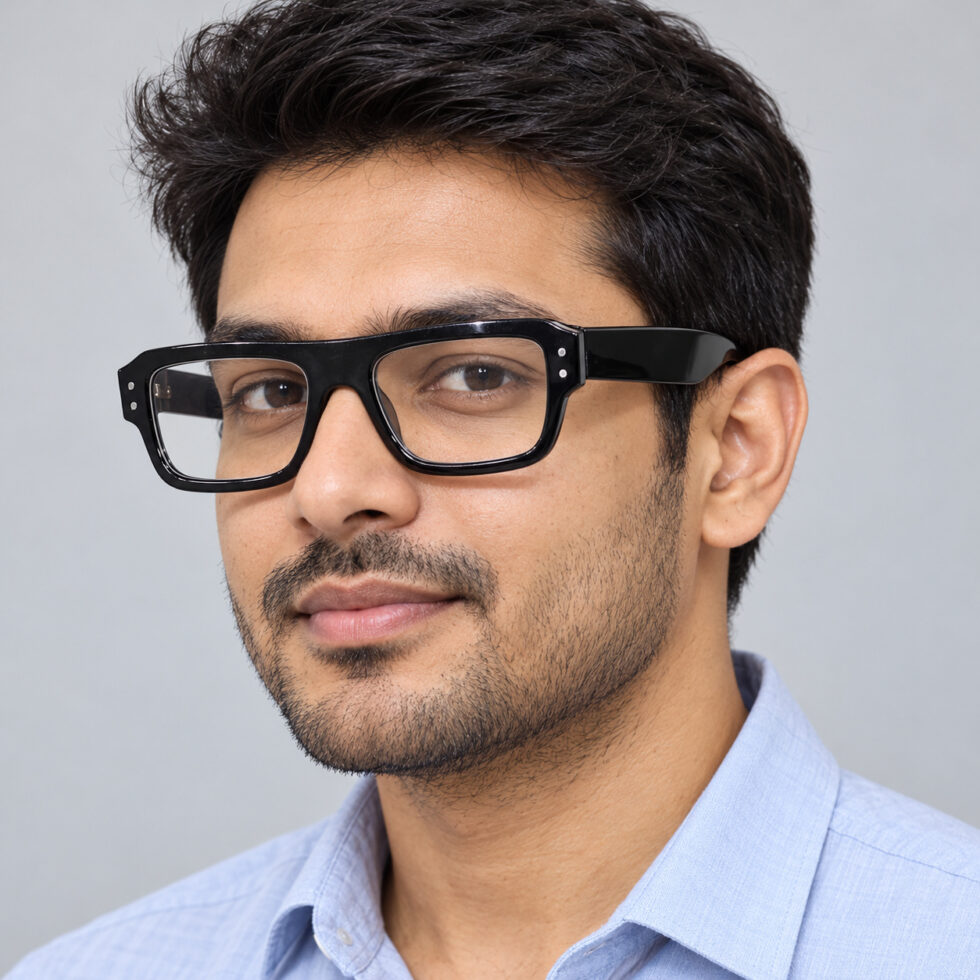 Man wearing glossy black flat-top rectangular eyeglasses