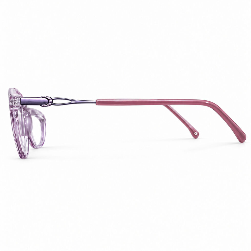 Transparent Lavender Cat-Eye Eyeglasses — side and temple detail