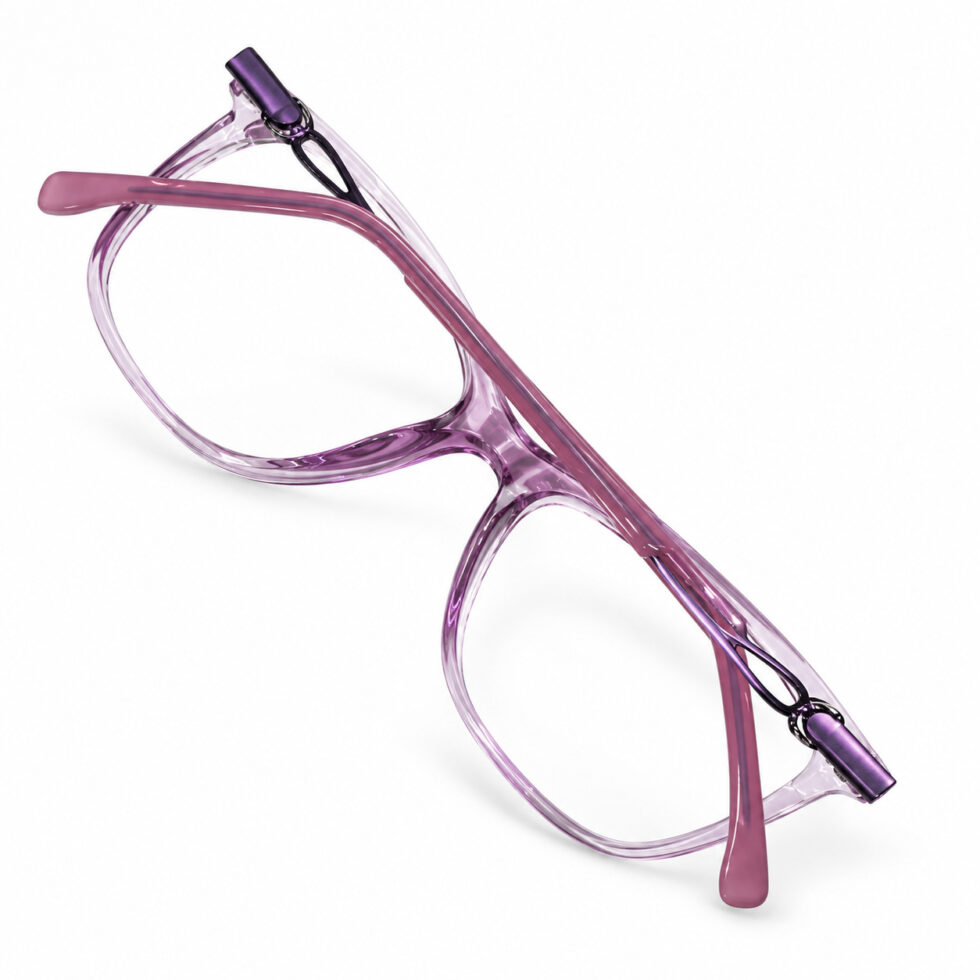 Transparent Lavender Cat-Eye Eyeglasses — frame construction detail