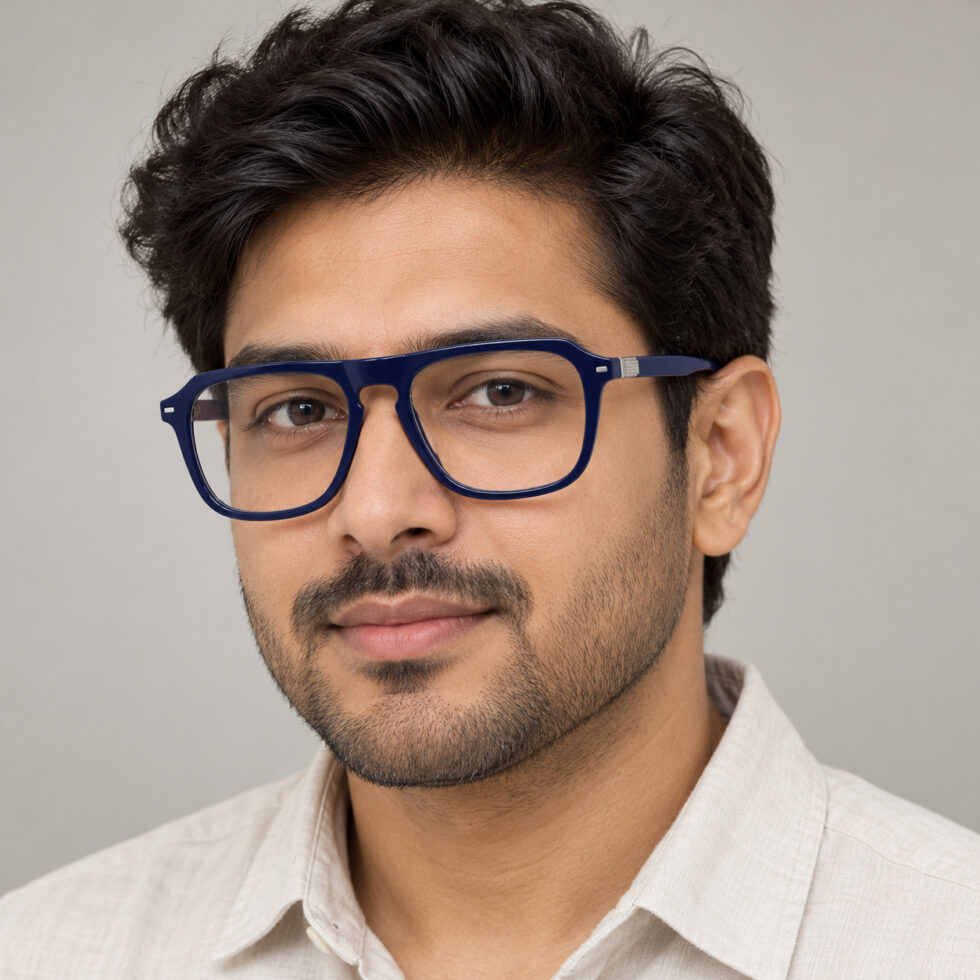 Navy Blue Double-Bridge Aviator Eyeglasses — adult man wearing the frame
