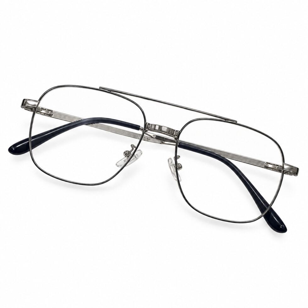 Silver-Tone Double-Bridge Aviator Eyeglasses — angled product view