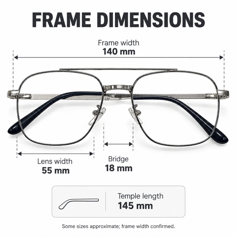Silver-Tone Double-Bridge Aviator Eyeglasses — dimensions including 140 mm frame width