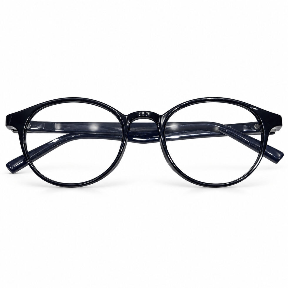 Deep Navy Round Eyeglasses — angled product view