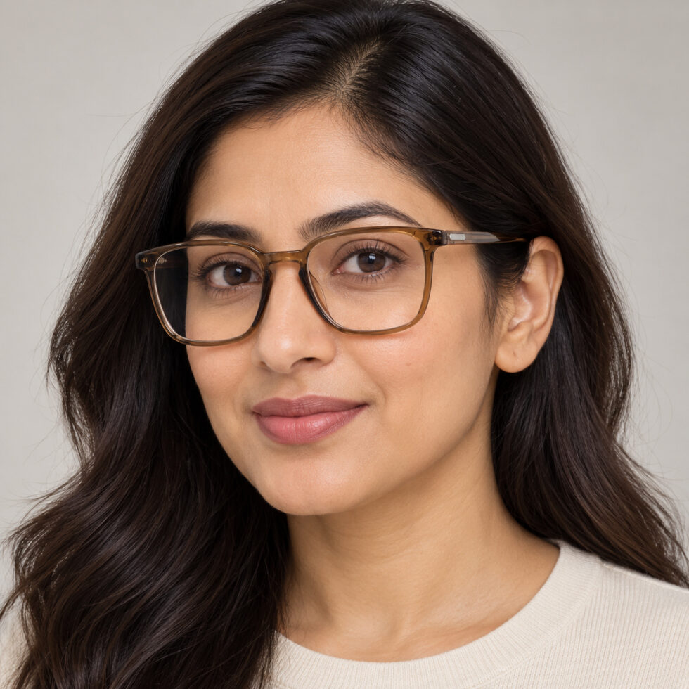 Transparent Brown Square Eyeglasses — adult woman wearing the frame
