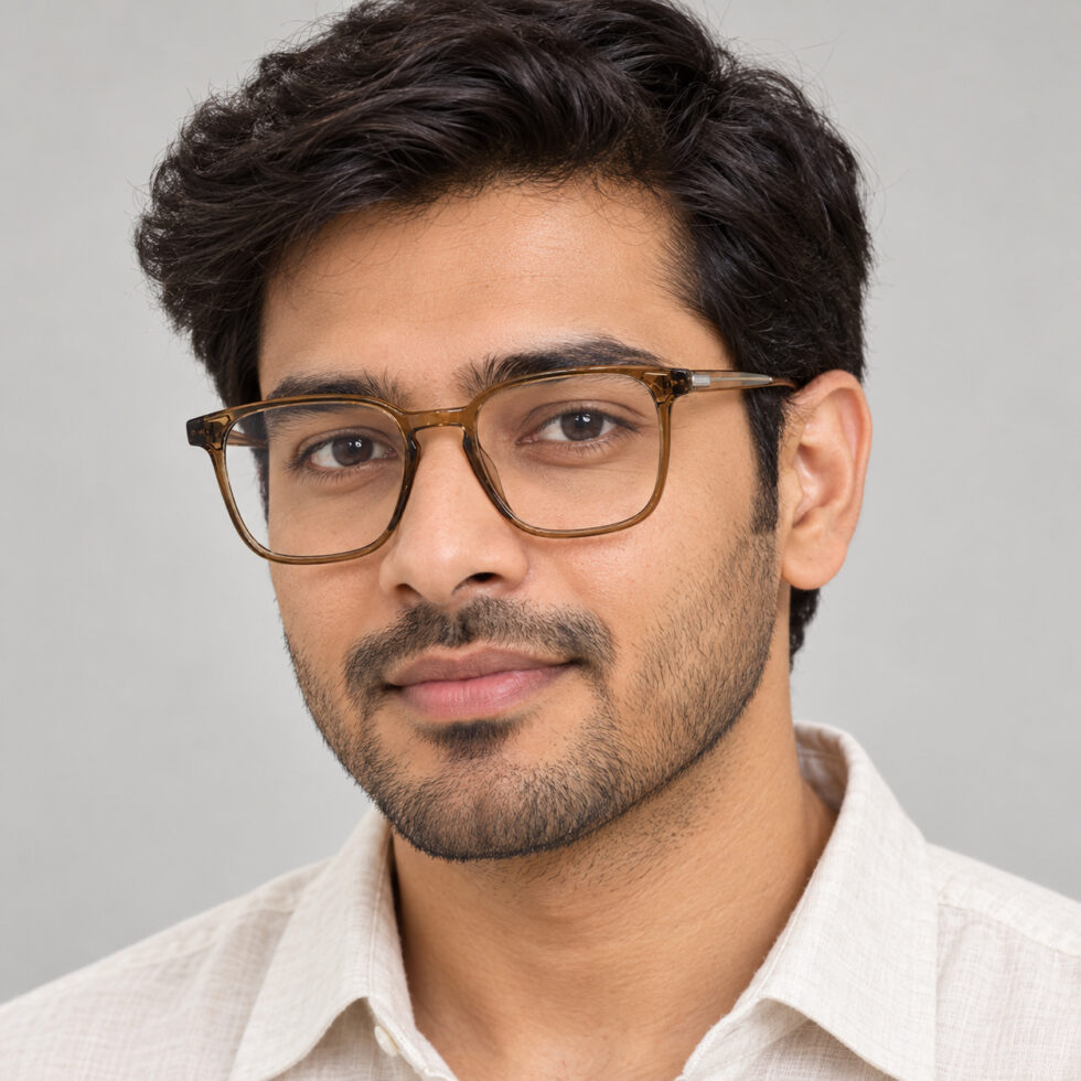 Transparent Brown Square Eyeglasses — adult man wearing the frame