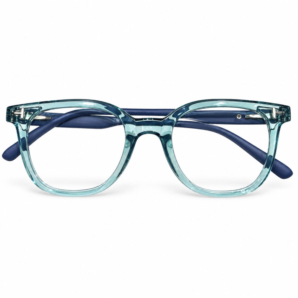 Transparent Teal Square Eyeglasses — front view