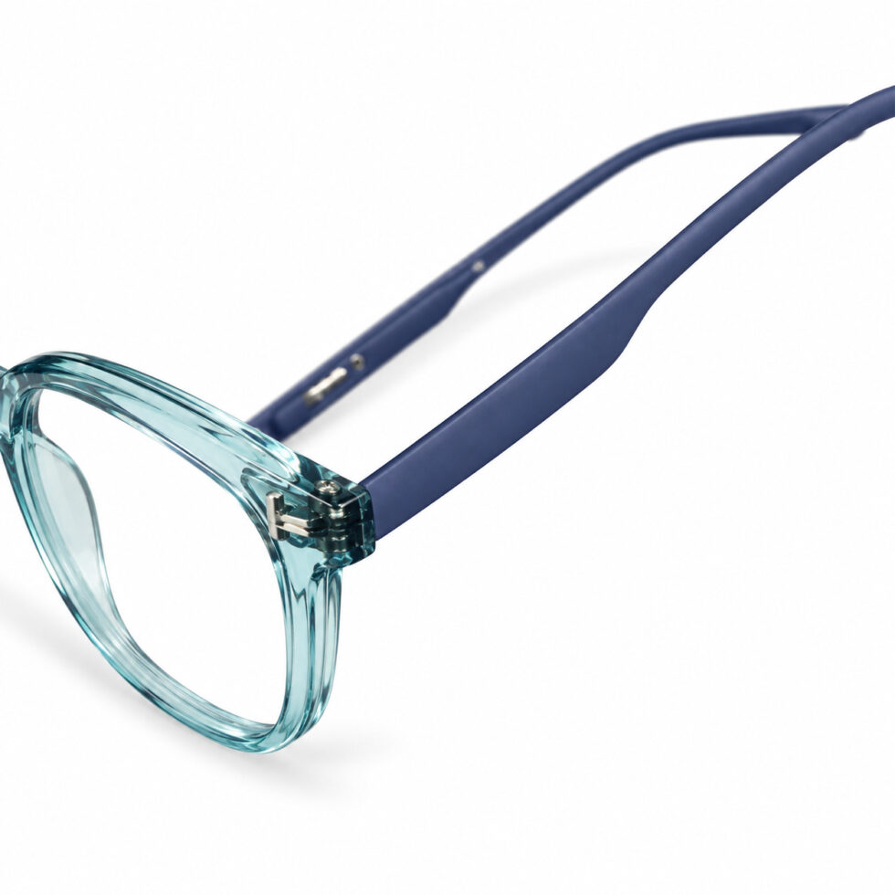 Transparent Teal Square Eyeglasses — side and temple detail