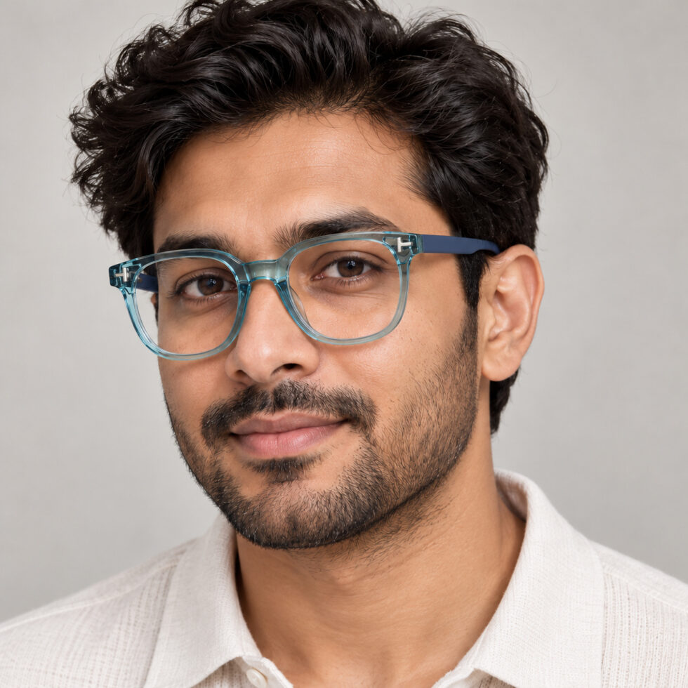 Transparent Teal Square Eyeglasses — adult man wearing the frame